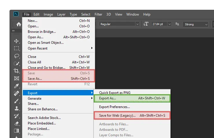 Correct menu option for exporting images for the web in Adobe Photoshop CC