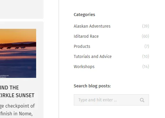 photo website blog sidebar - list of categories and search box