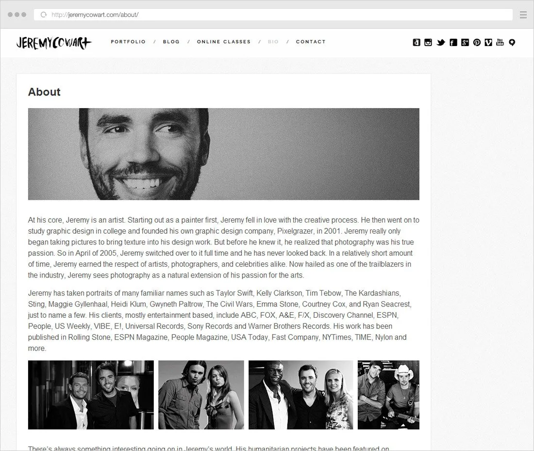 About page example: photographer showing photo examples with celebrities