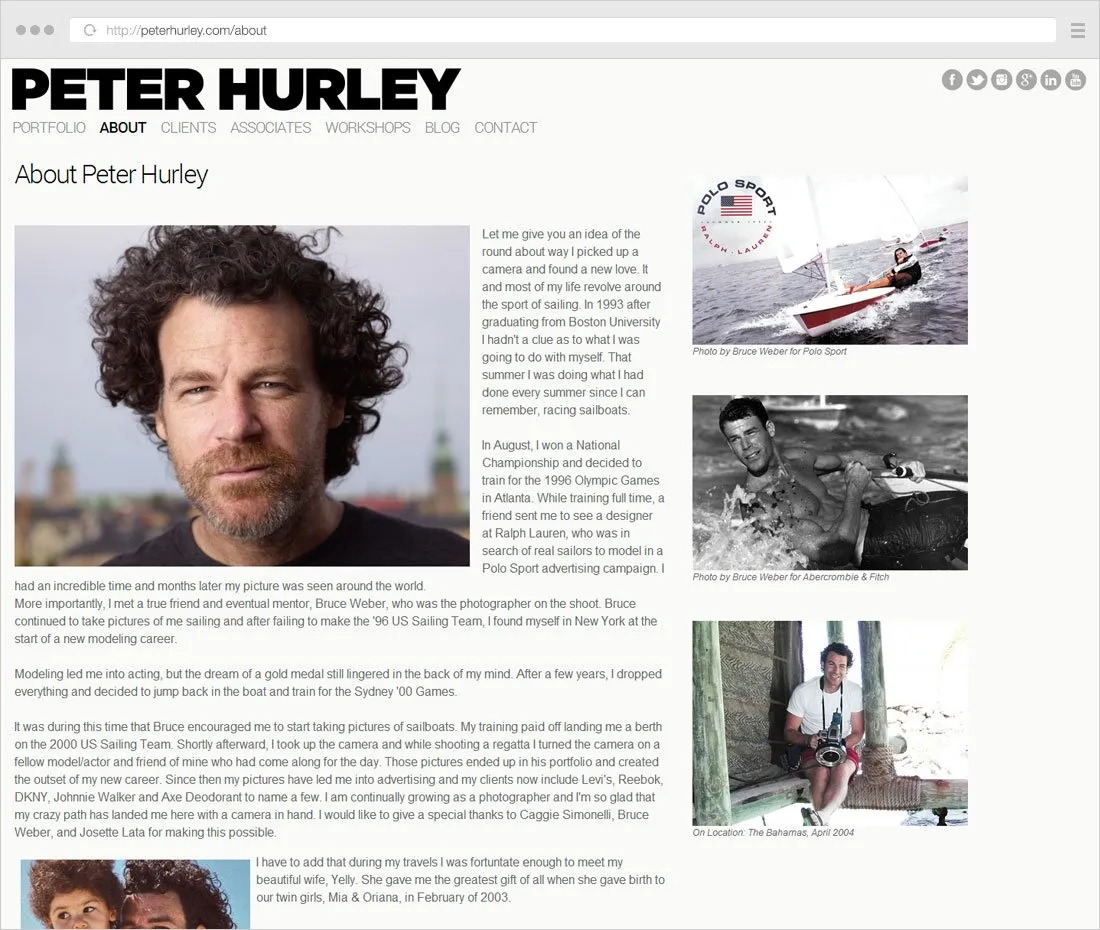 Example of good photographer bio page with history and plenty of portrait images