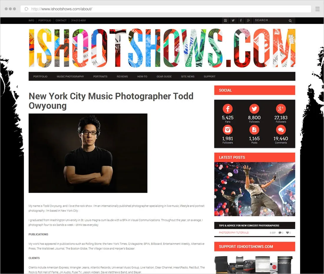 About page photographer page with sidebar info