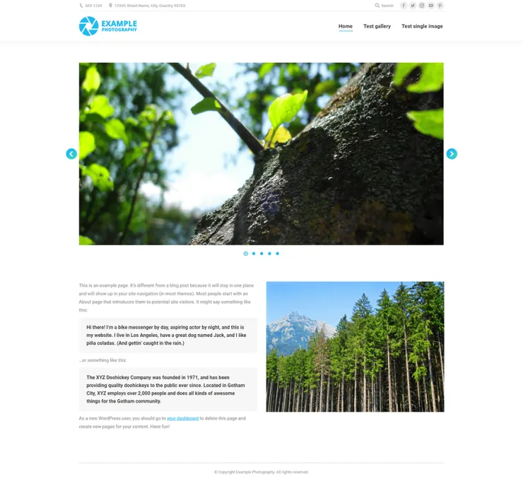 Example of a standard photography website homepage with a slideshow