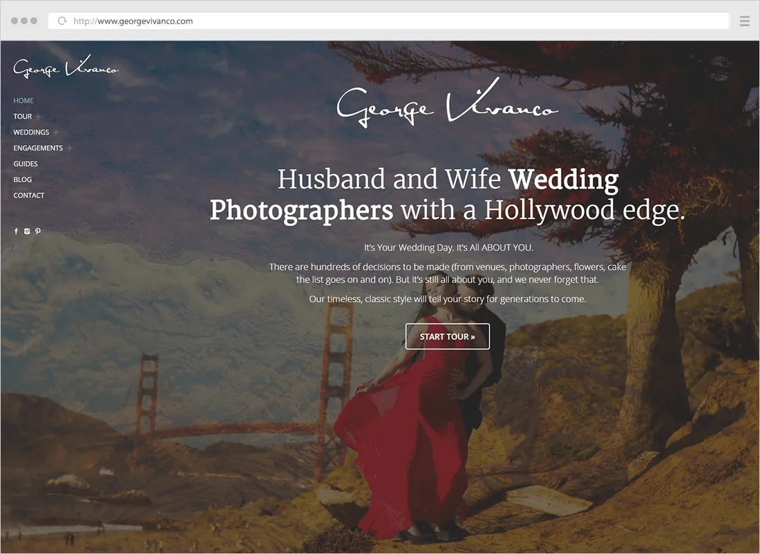 George Vivanco wedding photography website - homepage preview with call to action button to start a tour