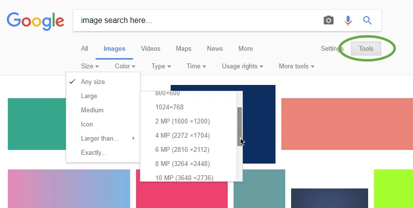 Google Image search tools > filtering by image size (dimensions)
