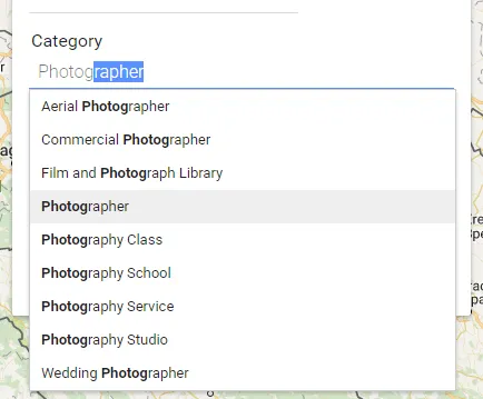 Google My Business listing category > photographer