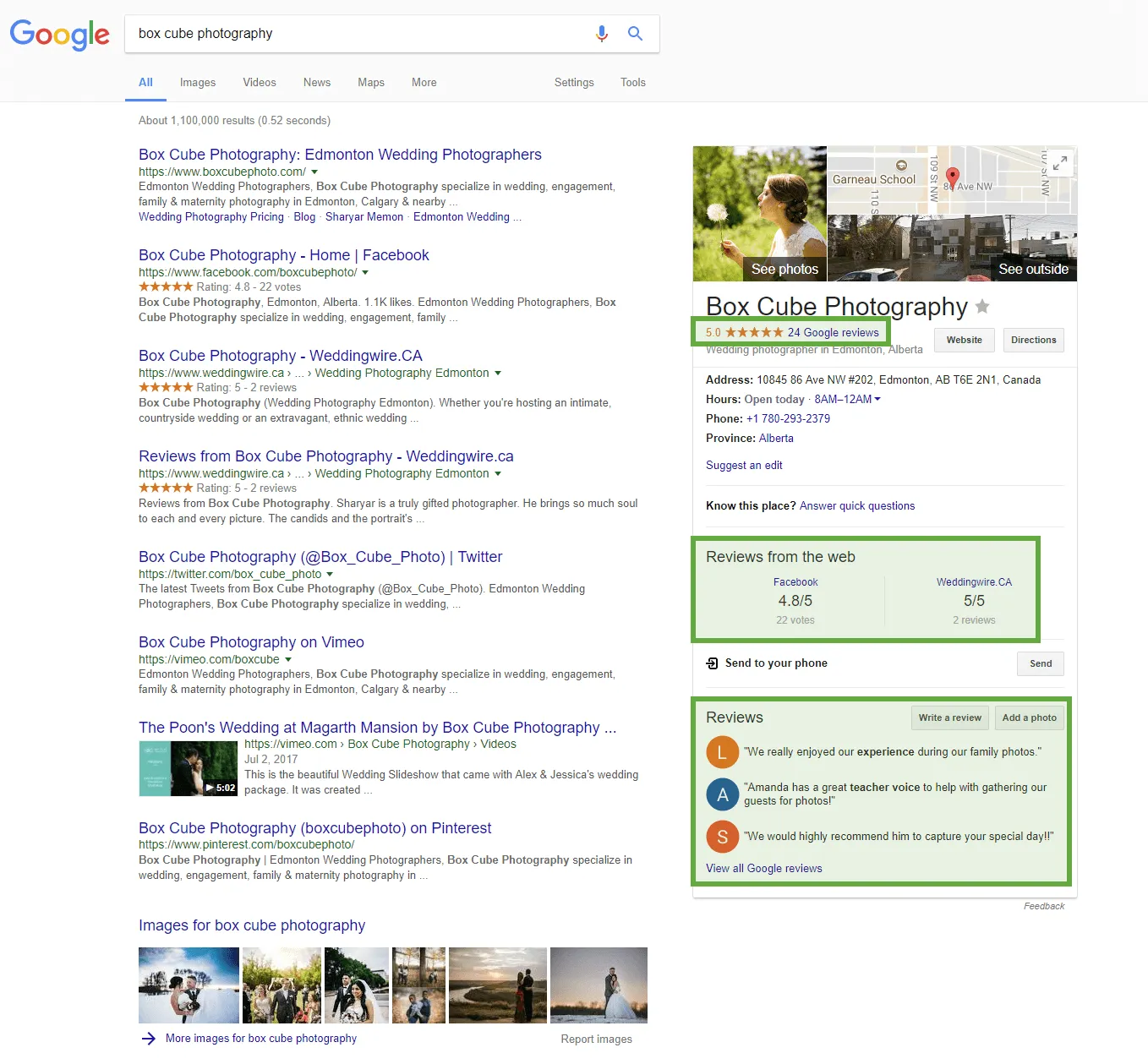 Google My Business photographer listing > reviews highlights