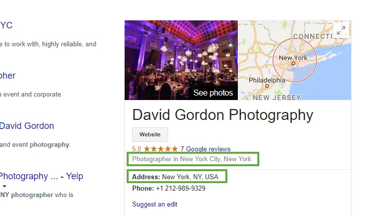 Google My Business listing photographer simple address example
