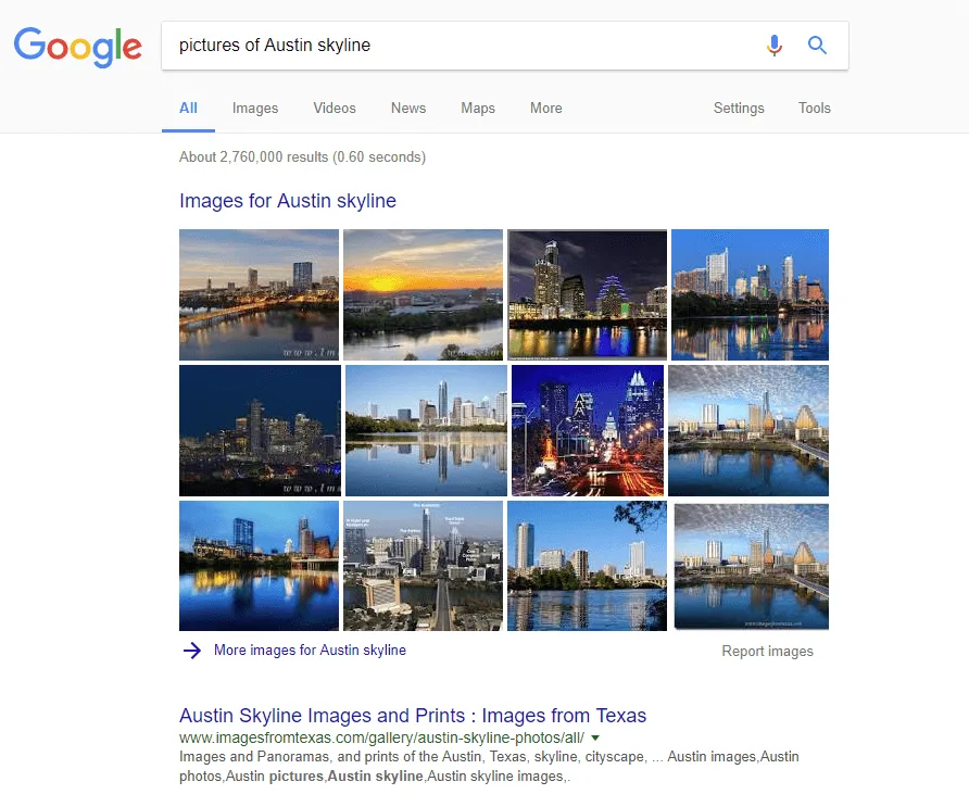 Example of Google SERP image mega pack feature