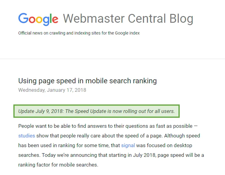 Google Webmaster blog post on page speed in mobile rankings