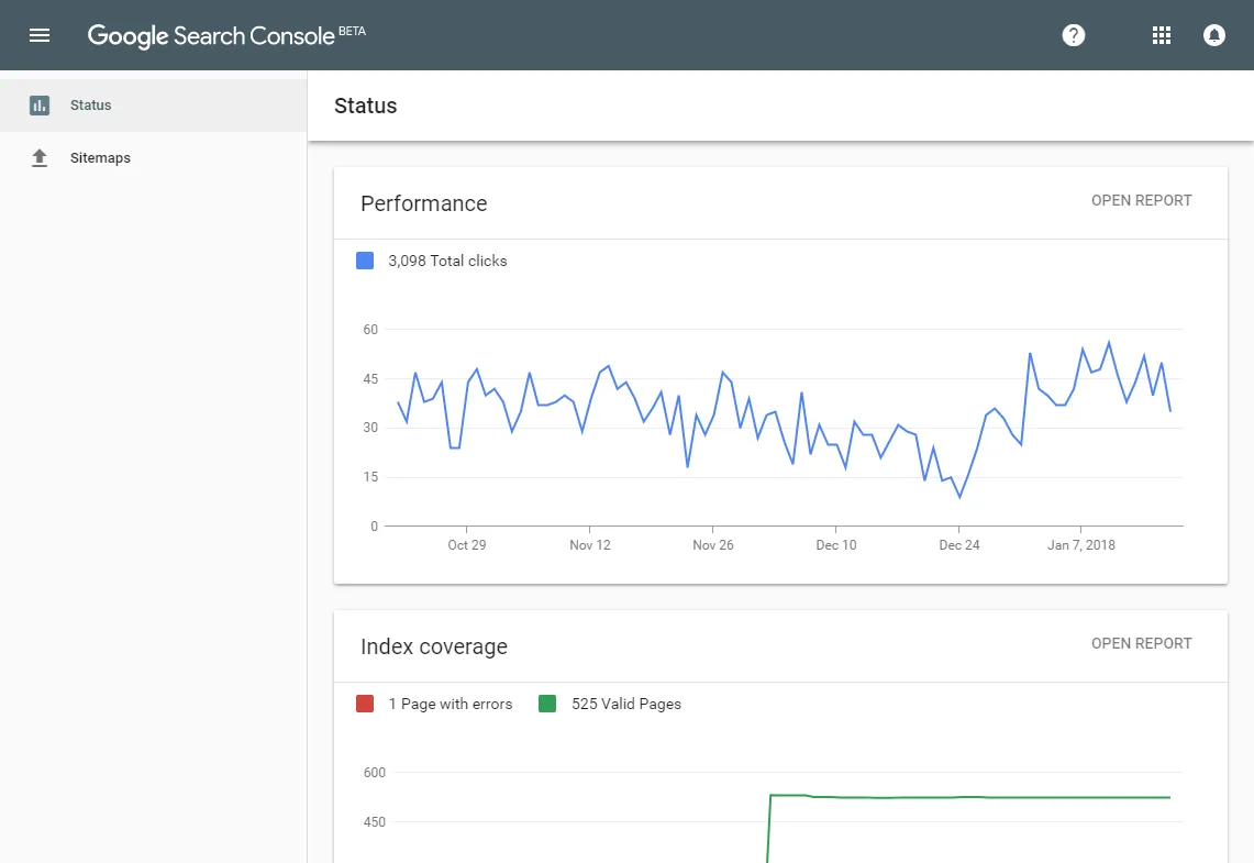 screenshot of the redesigned dashboard in Google Search Console (new version in early 2018)
