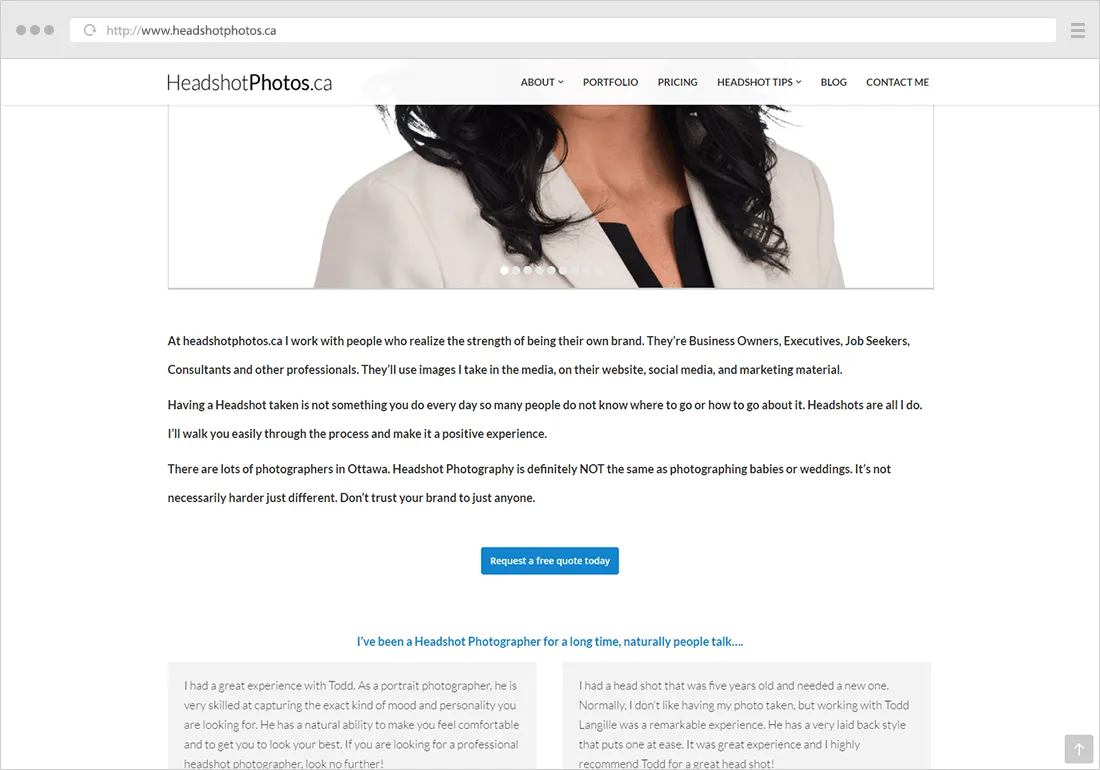 Headshot photos website - call to action button example on every page