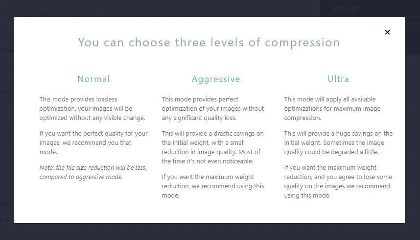 Imagify plugin settings - compression levels