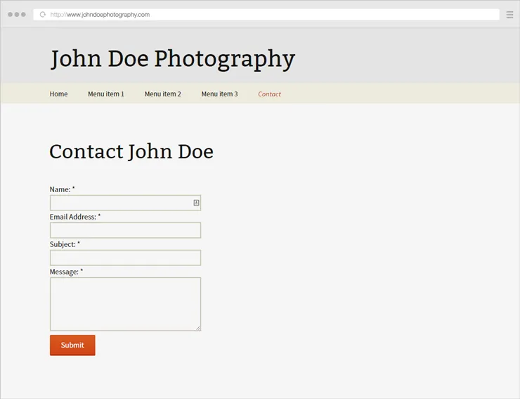 Example of a fictive bad photography Contact page example