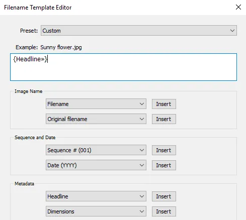 Filename Template Editor in Lightroom: using IPTC Headline field to rename images