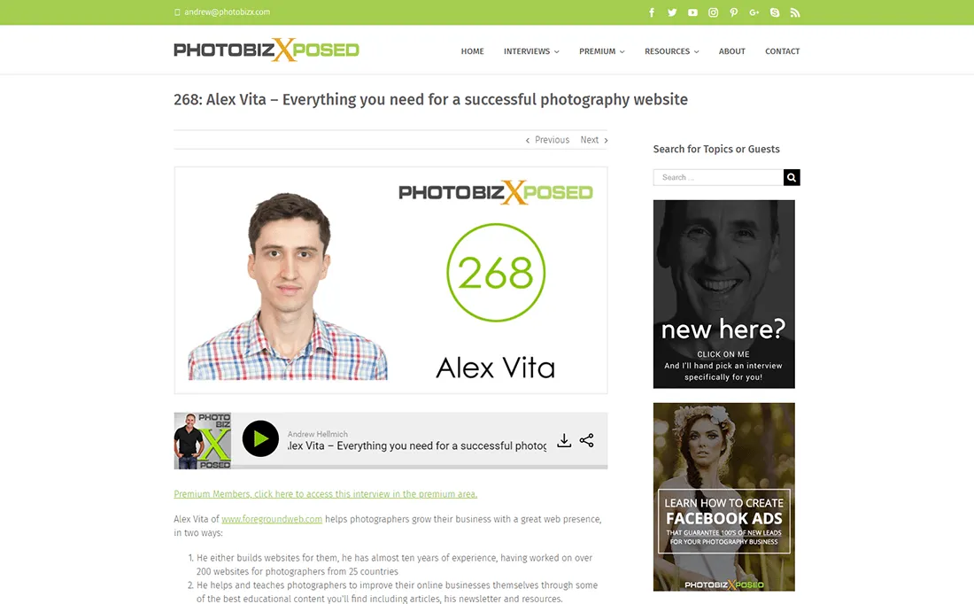 PhotoBizX podcast interview with Alex Vita about building a great photography website - preview