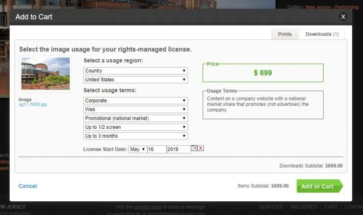 PhotoShelter Rights-Managed license calculator example