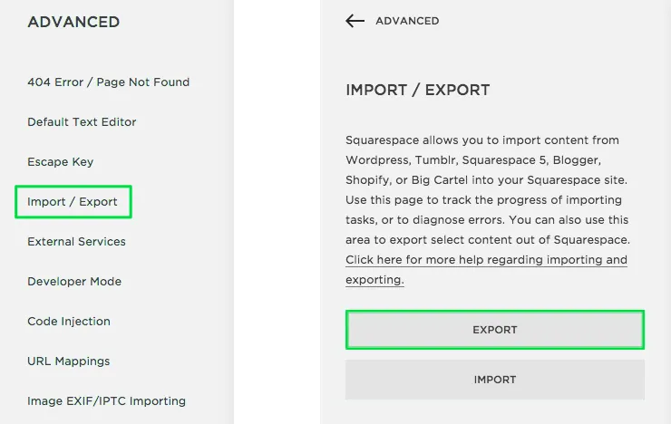 squarespace options advanced import export feature preview