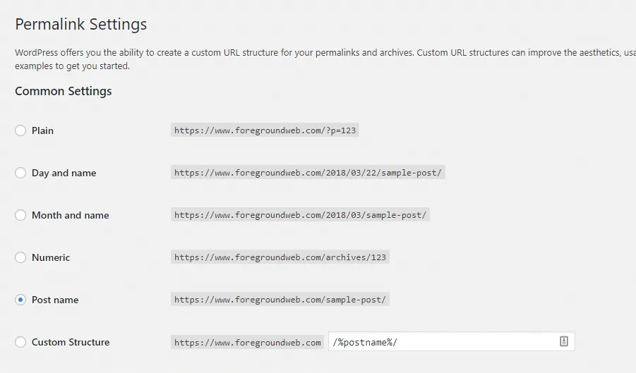 WordPress permalink settings options, "Post name" selected