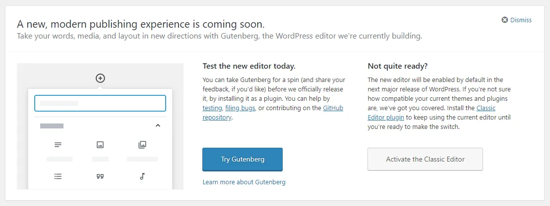 New Gutenberg page editor callout in WordPress 4.9