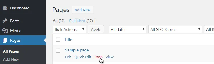 WordPress admin > deleting "Sample page" preview