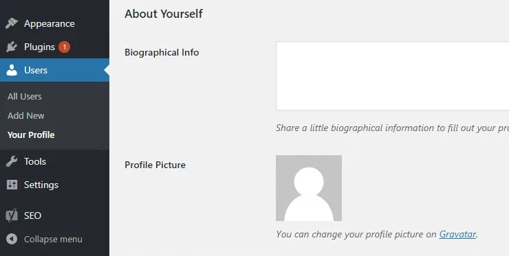 WordPress Users > "Your profile" page > Biographic info and Profile picture options