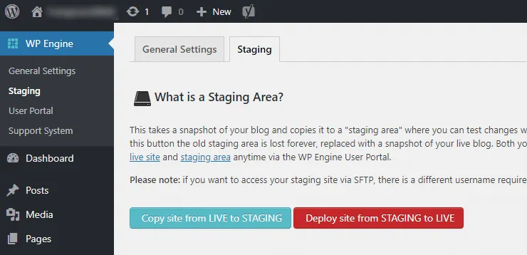 WP Engine WordPress staging area buttons in admin area